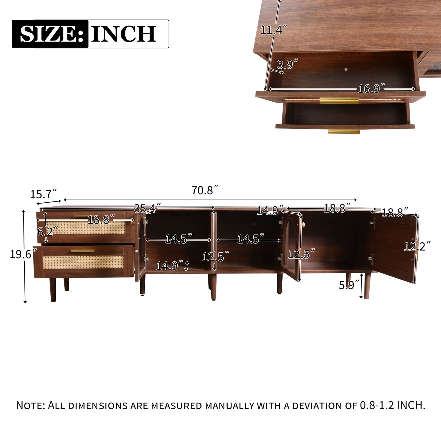 Rattan TV Stand with 3 Cabinets and 2 Drawers