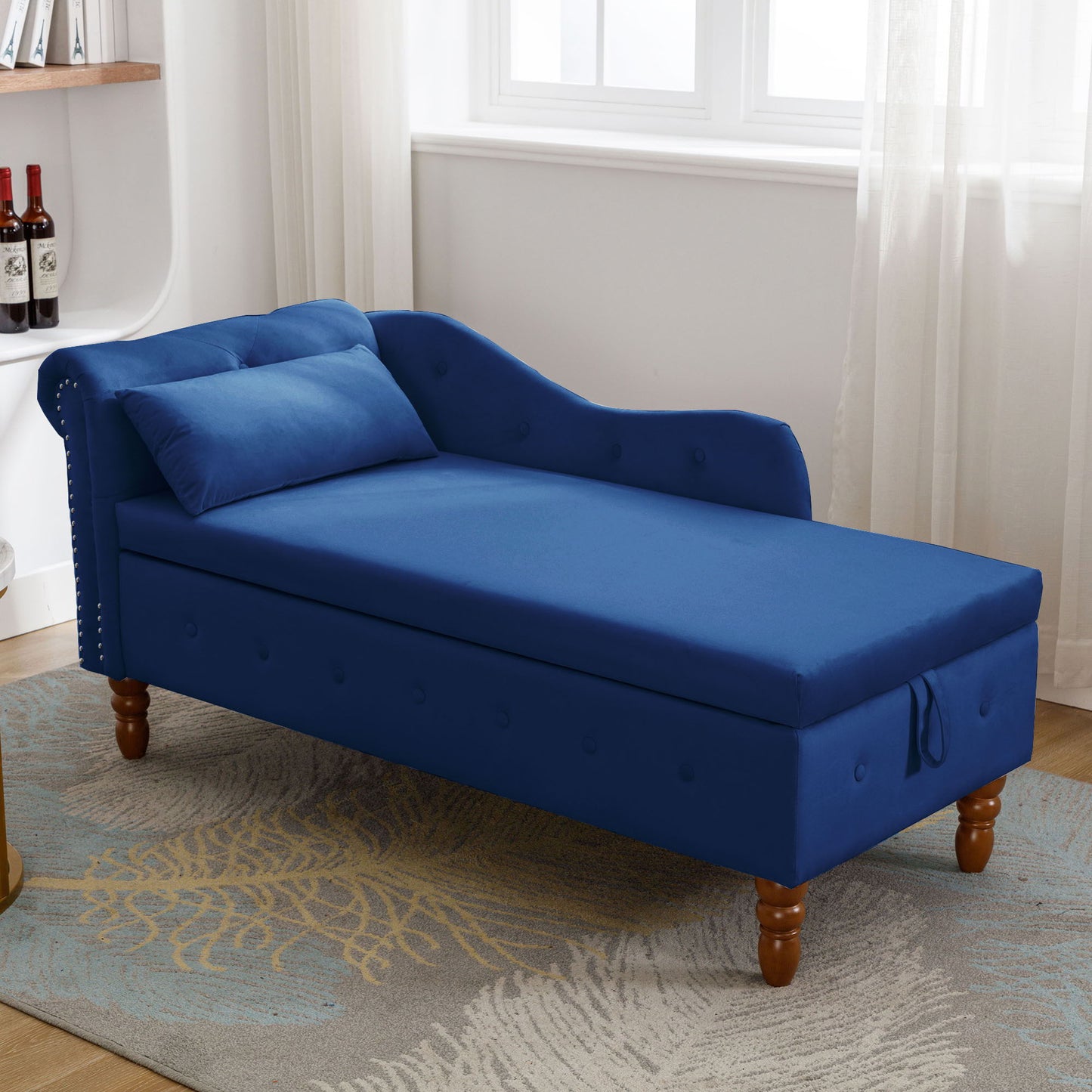 Chaise Lounge Indoor, Lounge Chair For Bedroom With Storage & Pillow, Modern Upholstered Rolled Arm Chase Lounge For Sleeping With Nailhead Trim For Living Room Bedroom Office