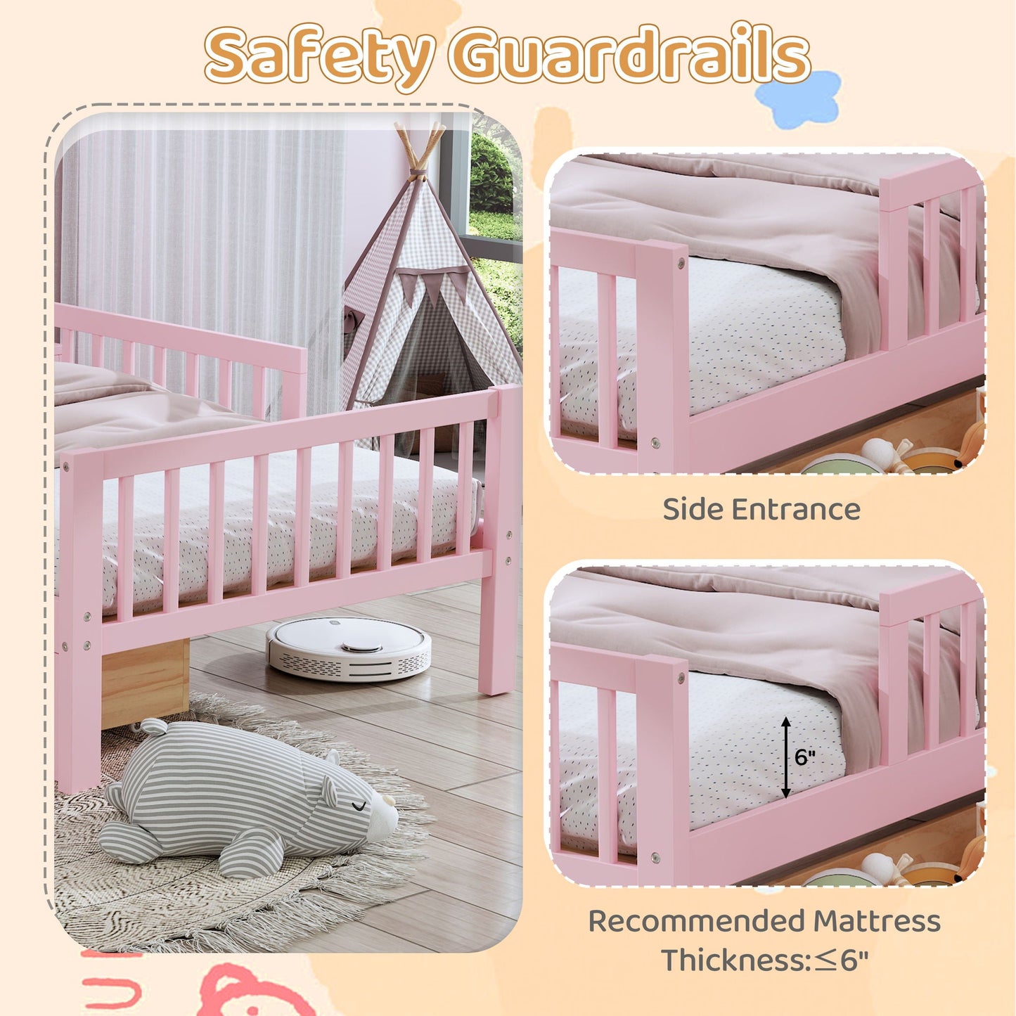 Bed With Headboard Storage Rack, 2 Under Bed Drawers, 3 Side Guardrails For Safety