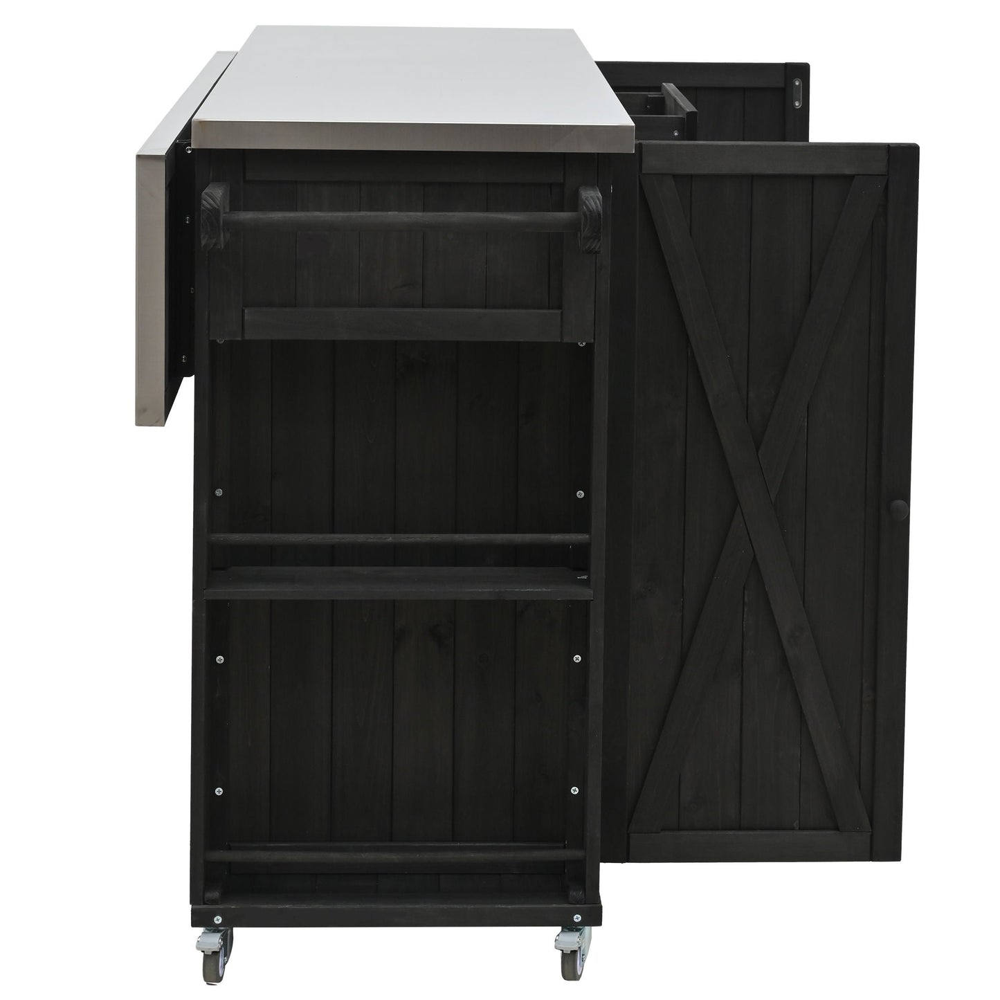Outdoor Kitchen Island With Stainless Steel Top, Ample Storage Space, Towel And Spice Racks And A Bottle Opener