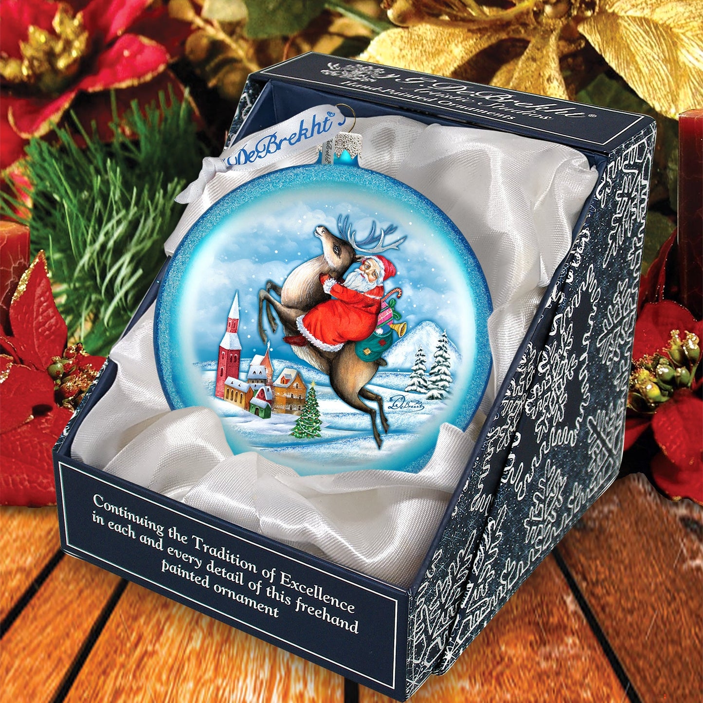 Reindeer Santa Glass Ornament by G. DeBrekht - Christmas Santa Snowman Decor - 744-014B