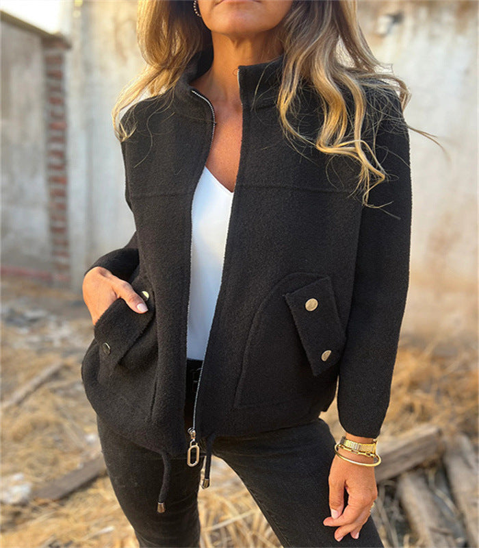 Woolen Lapel Tether Faux Pocket Suit Jacket