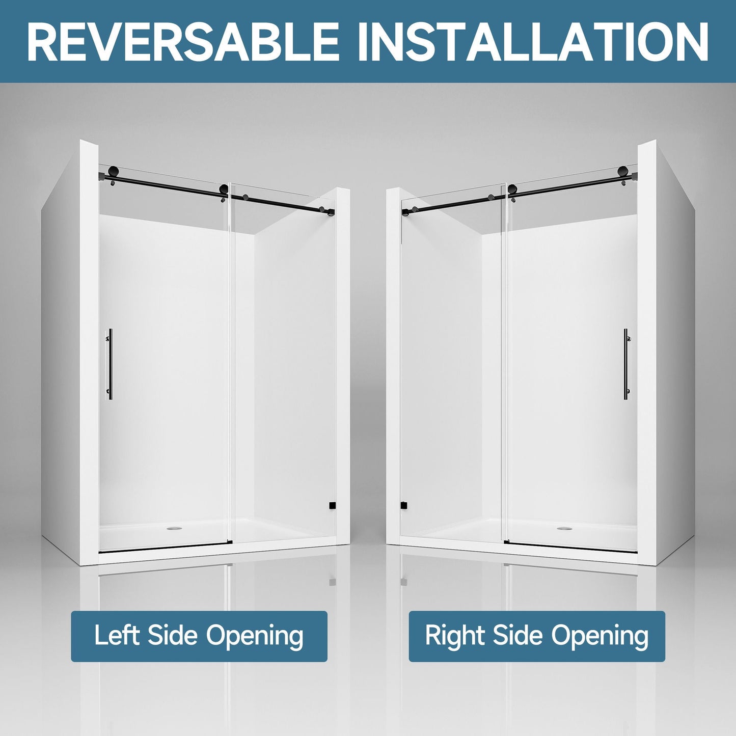Frameless Single Sliding Soft Close Shower Door, 5 / 16" Clear Nano Coated Tempered Glass And 304 Stainless Steel Handle - Matte Black