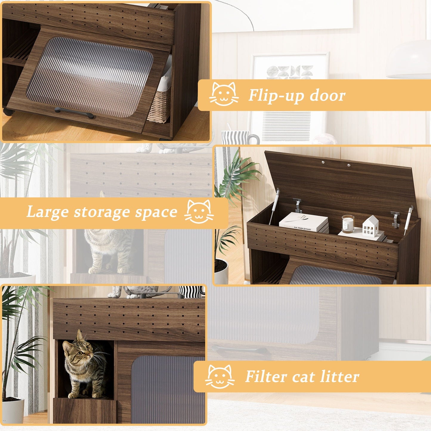 Furniture Style Multi Use Cat Litter Box House With Storage - Walnut