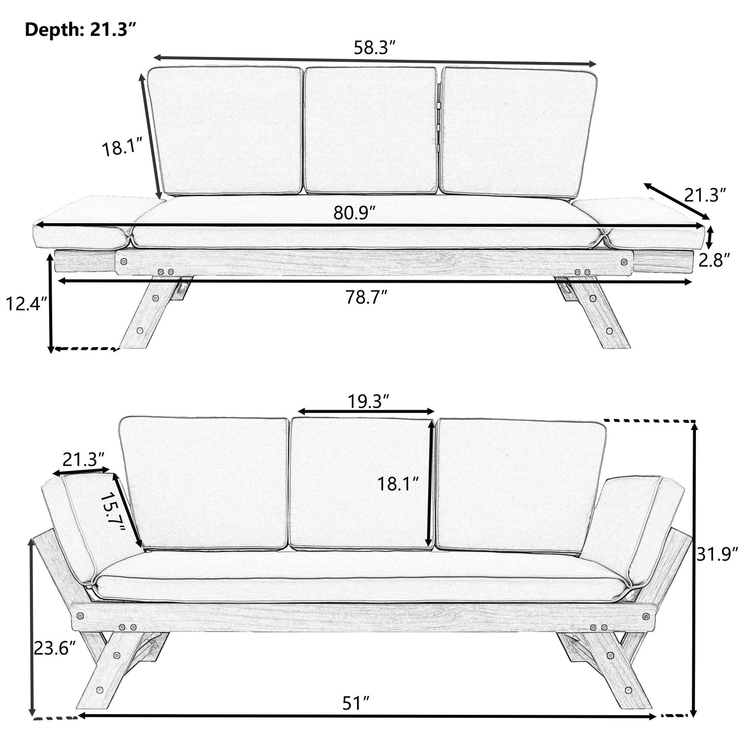 TOPMAX Outdoor Adjustable Patio Wooden Daybed Sofa Chaise Lounge