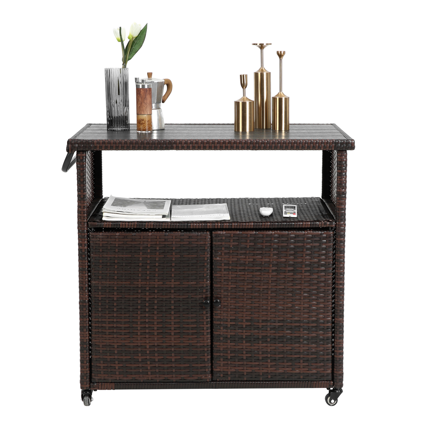 Outdoor Wicker Bar Cart with Glass Top and Wheels - Light Brown