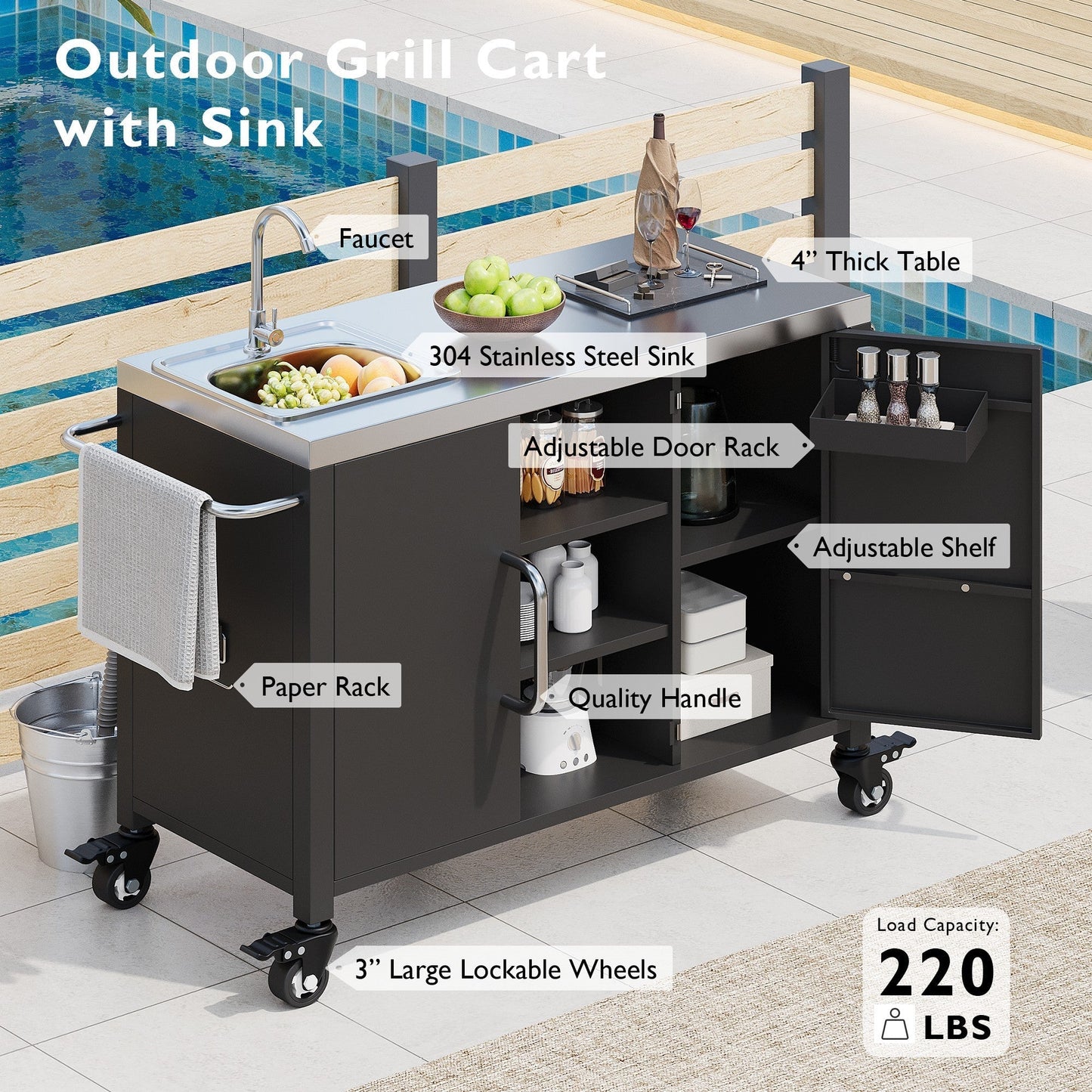 K&K 55.5" Outdoor Kitchen Island with Sink