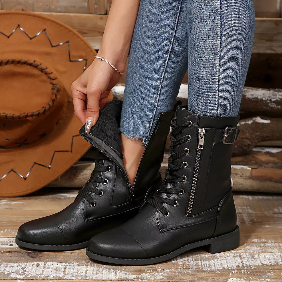 Round Toe Block Heels Boots