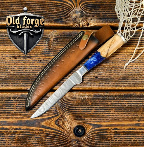 Handmade Damascus Fillet Knife with Wood & Resin Handle