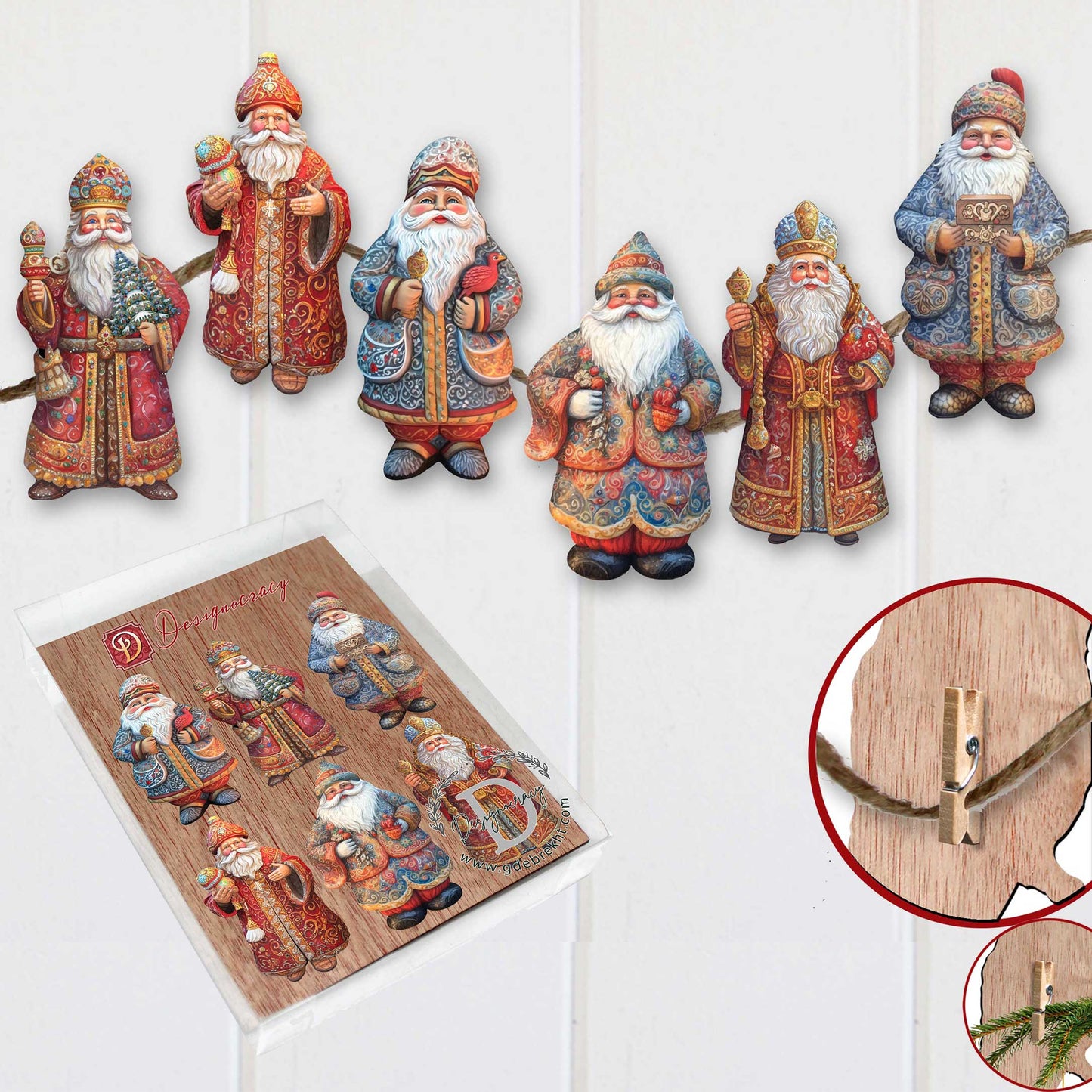 Santa Clip-On Eco Wood Decorative Ornaments Set of 6 by G. Debrekht - Christmas Decor - 8090032C-S6