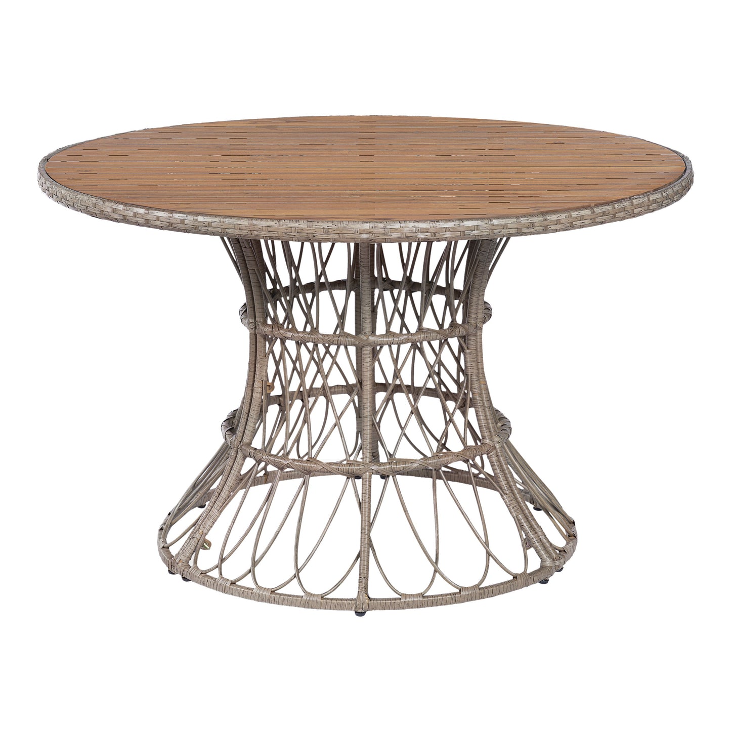 5-Piece Outdoor Dining Set: Brown Round Acacia Wood Table & 4 Brown Wicker Armchairs