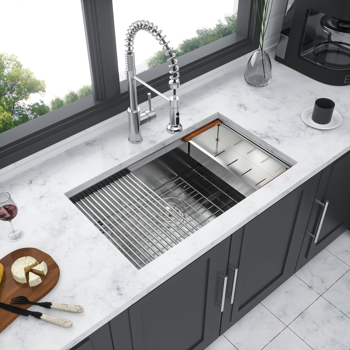 30" Undermount Kitchen Sink 16 Gauge Ledge Workstation - Brushed Nickel