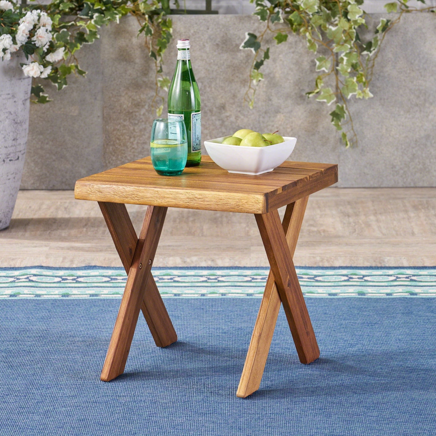 Passion Outdoor Side Table With Cross Base and Slatted Top - Teak