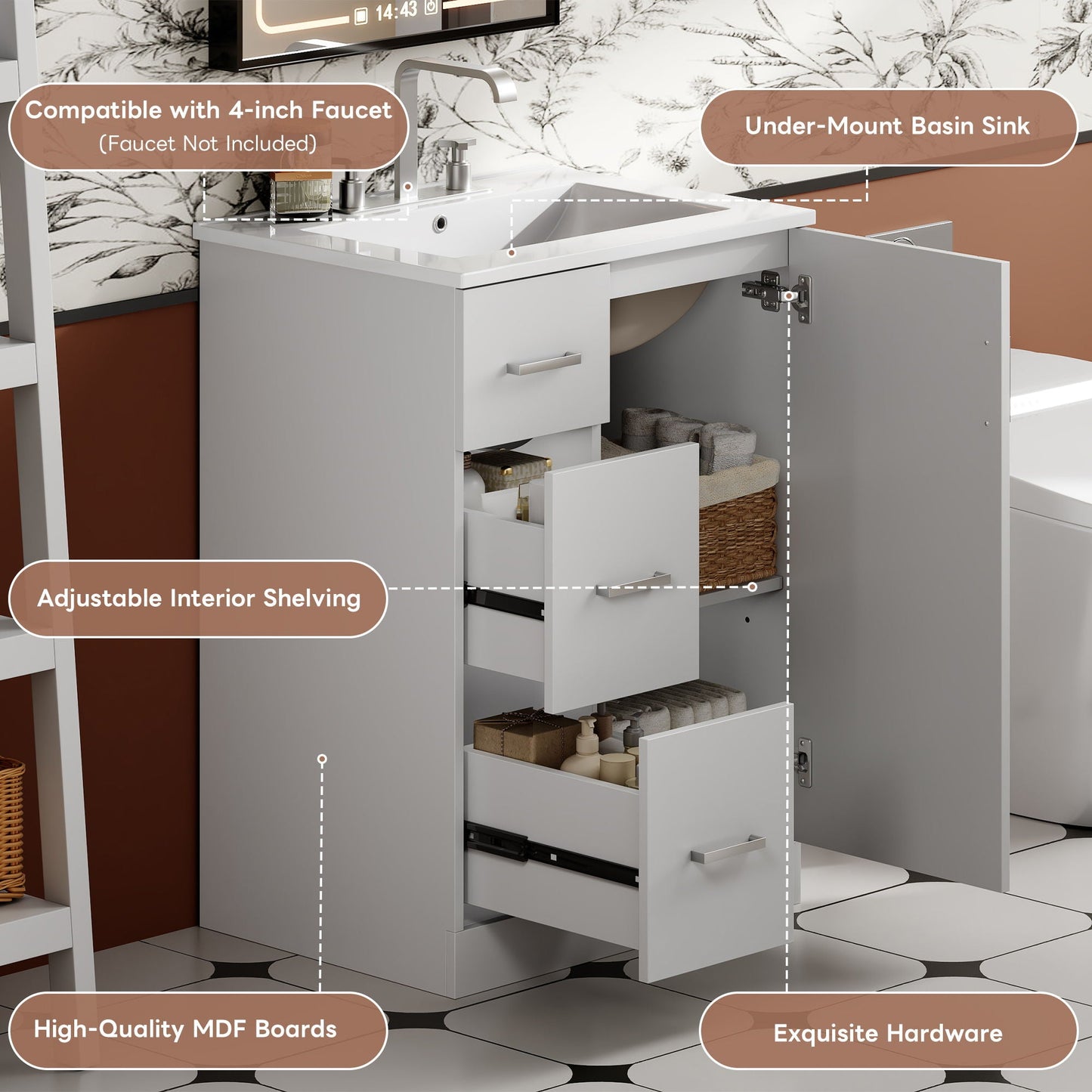 Bathroom Vanity With Under Mount Sink, 2 Drawers And Soft Closing Door