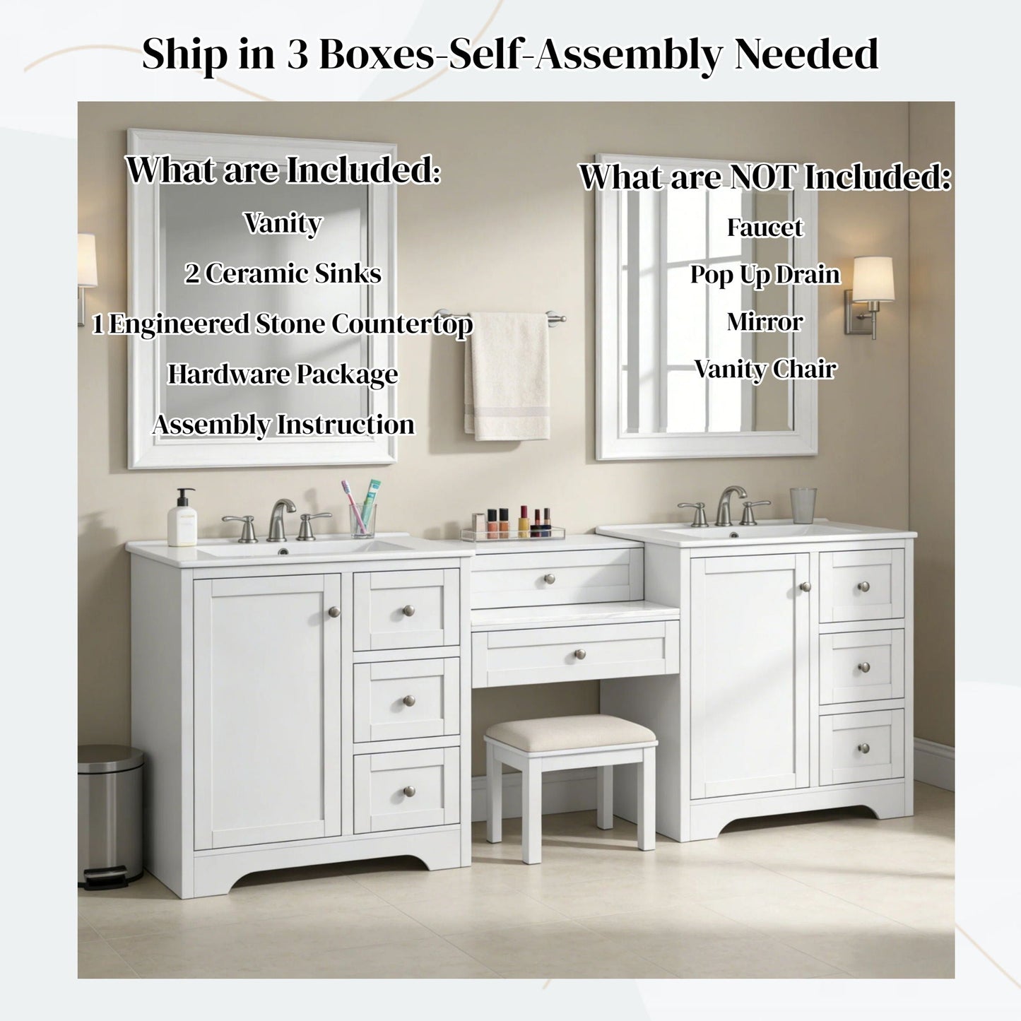 Double Sink Bathroom Vanity With Countertop, 2 Ceramic Sinks, 6 Drawers