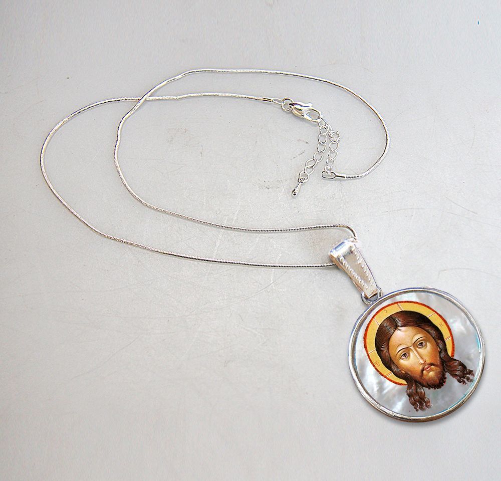 Icon of The Holy Face Silver Plated Mother of Pearl Necklace Jewelry - 43018