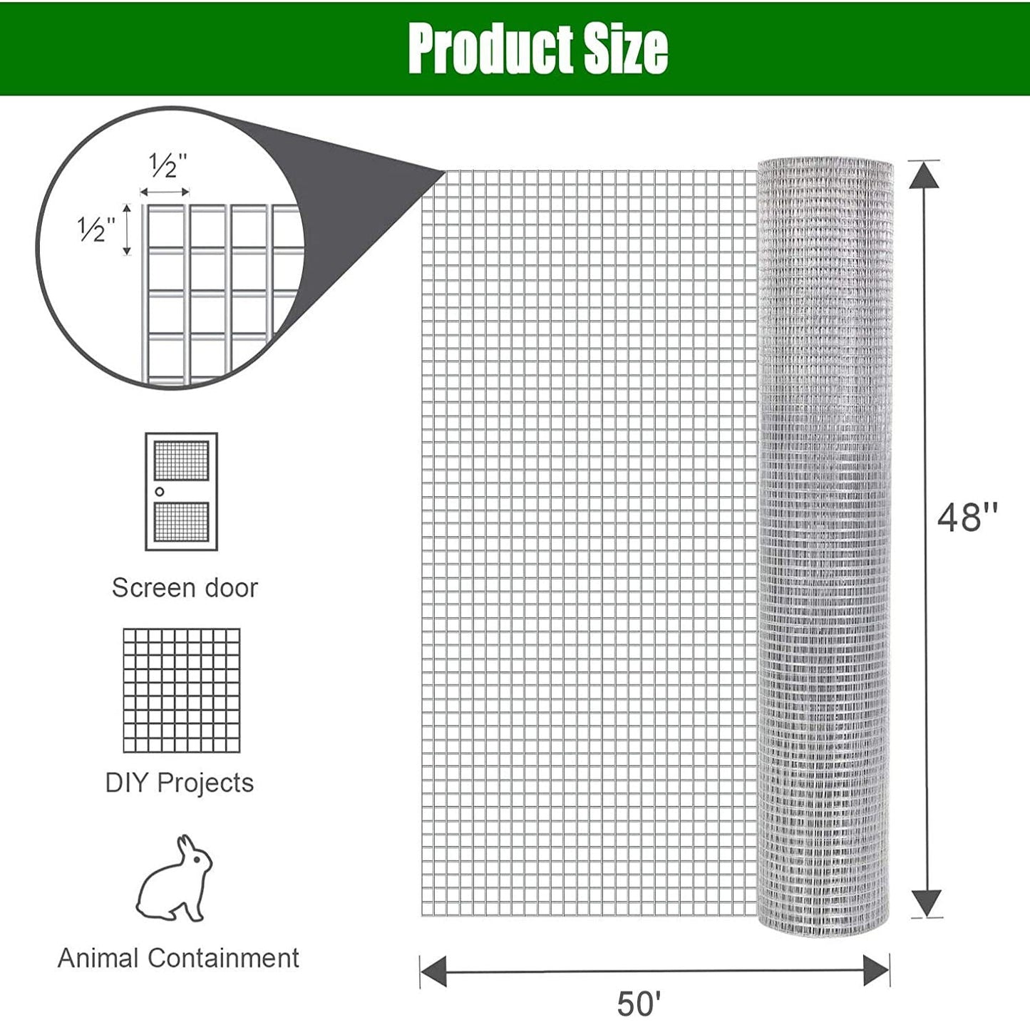 Galvanized Hardware Cloth, Metal Wire Fencing Roll For Garden And Animal Protection - Silver
