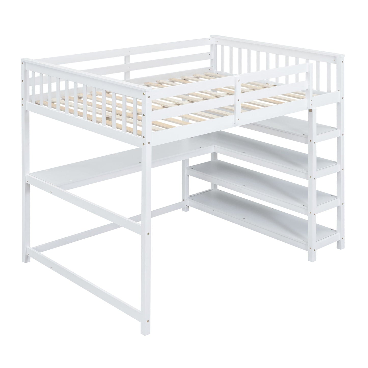Loft Bed With Storage Shelves And Under Bed Desk