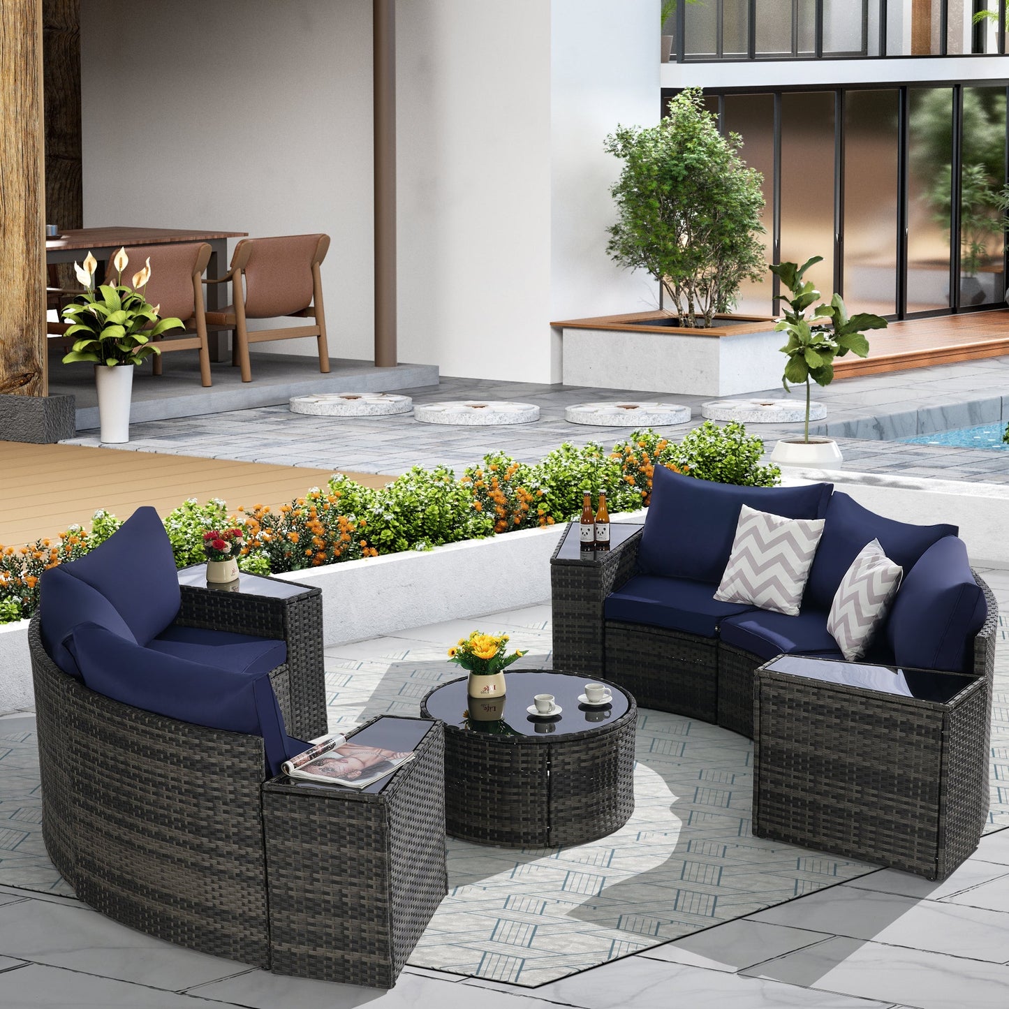Outdoor Patio Furniture 11-Piece Half-Moon Sectional Round Patio Furniture Set
