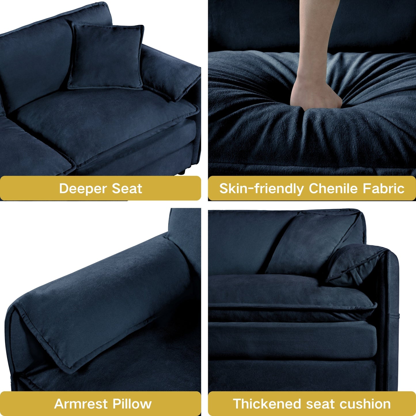 Oversized Deep Seat Sectional Sofa Modern Chenille Cloud Couch Large 3 Seater Modular Sofa with 3 Pillows