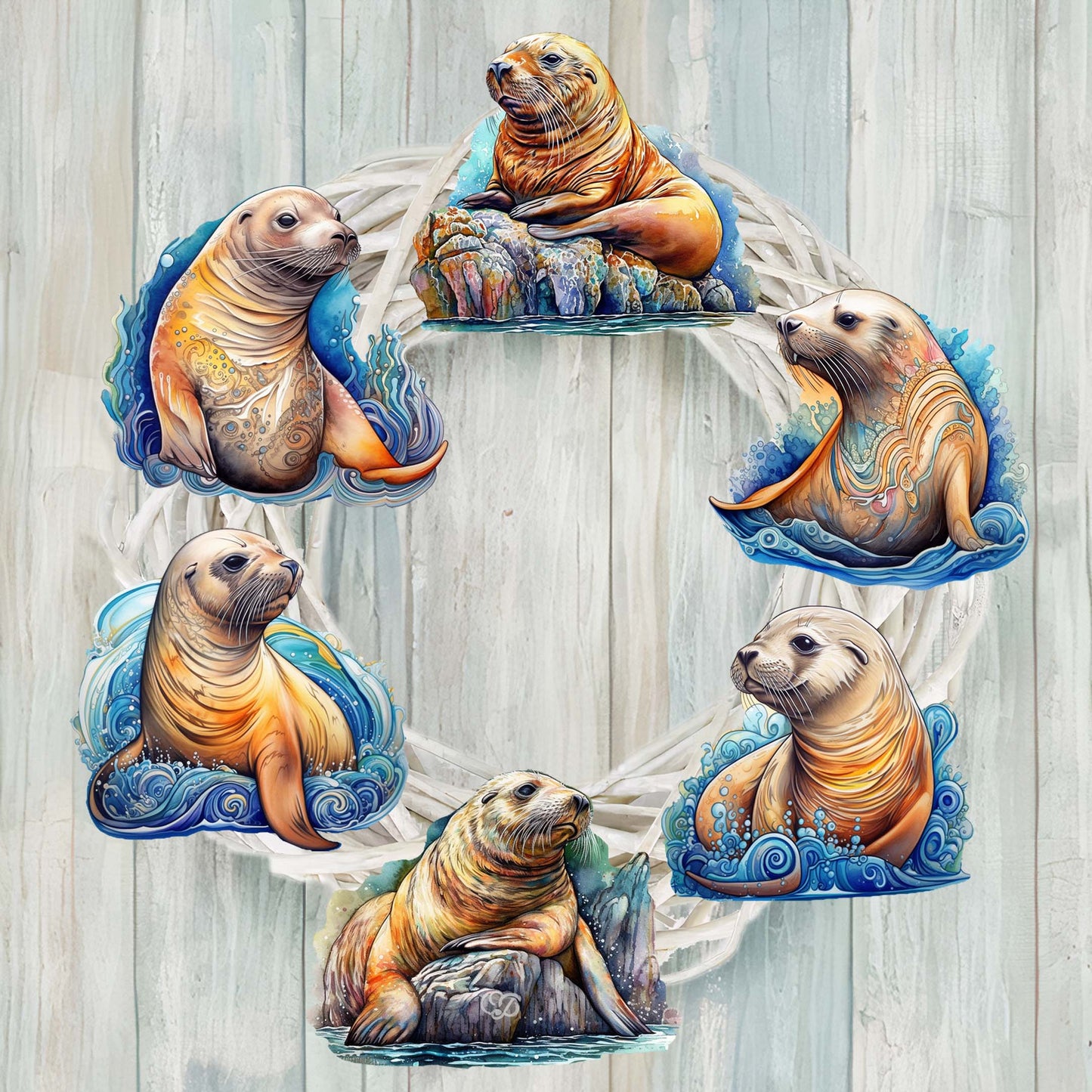 Coastal Sea Lions Clip-On Eco Wood Decorative Ornaments Set of 6 by G. Debrekht - Wildlife Decor - 8090127C-S6