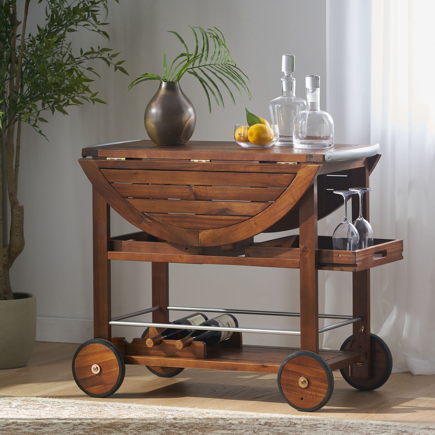 Wood and Aluminum Bar Cart with 2 Shelves, Oak and Silver