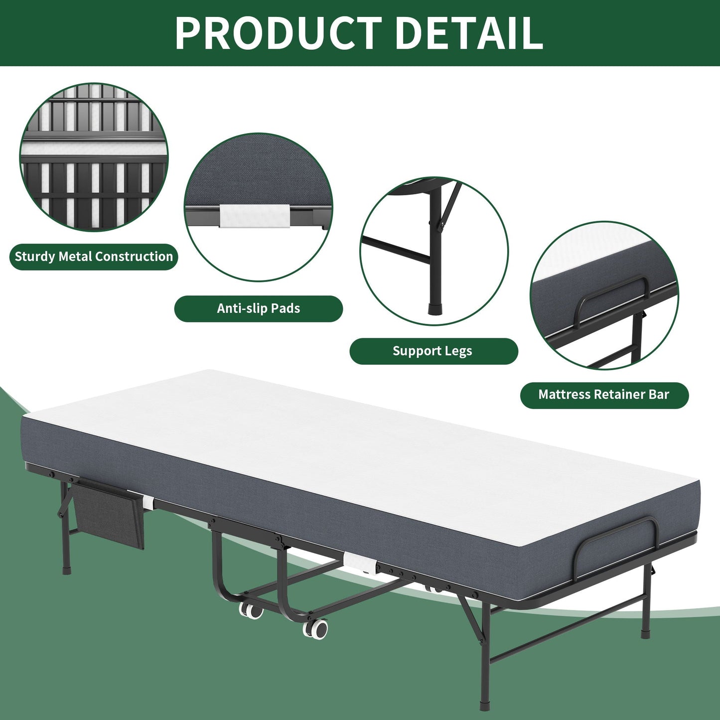 Twin Folding Bed With Memory Foam Mattress, On Wheels, Portable Bed For Adults & Guests - Black