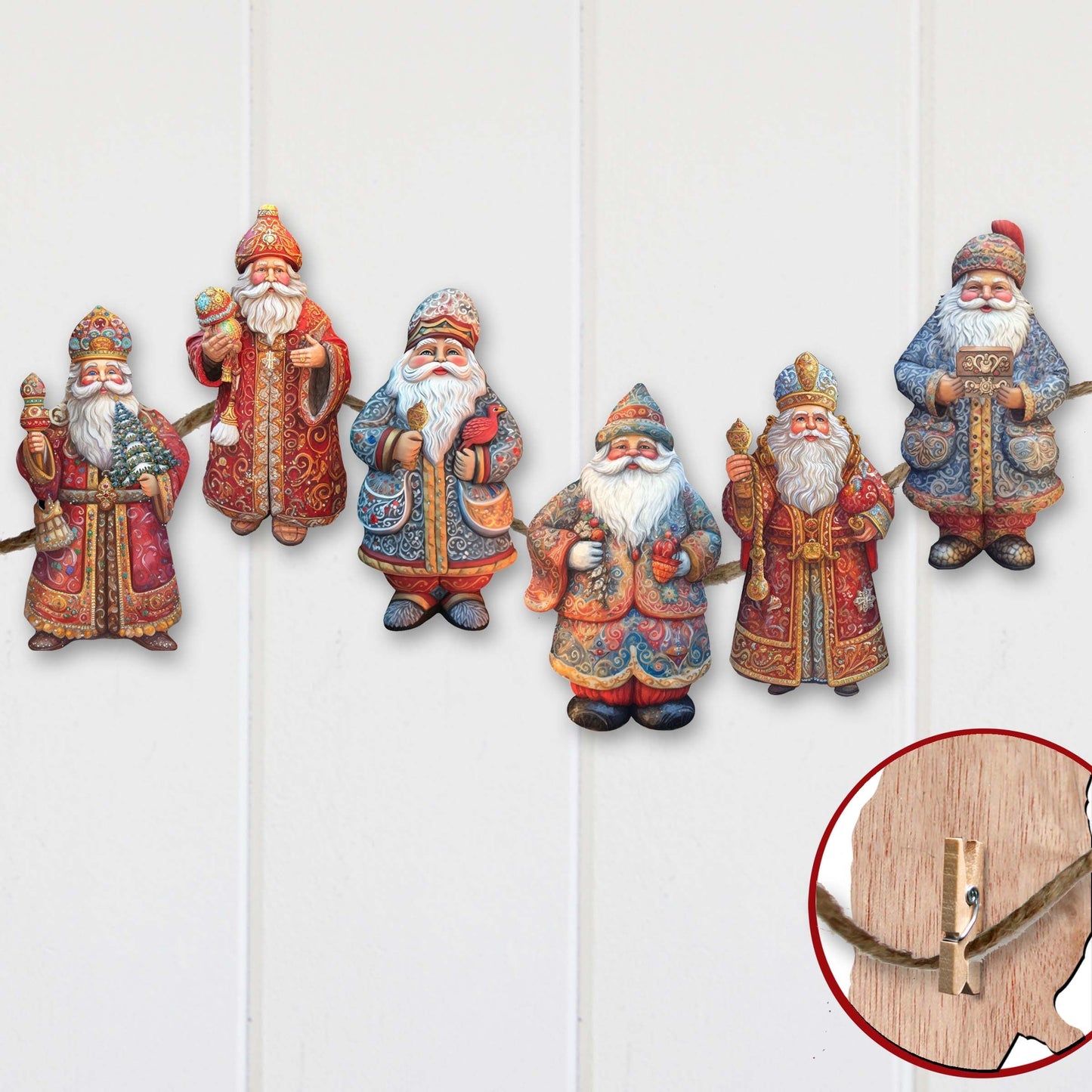 Santa Clip-On Eco Wood Decorative Ornaments Set of 6 by G. Debrekht - Christmas Decor - 8090032C-S6