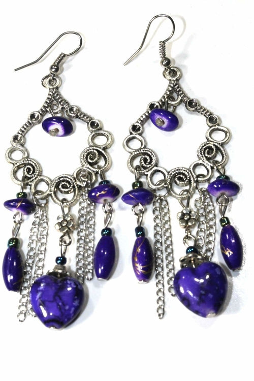 Marbled Bead Dangle Earrings Scroll Work Boho Floral