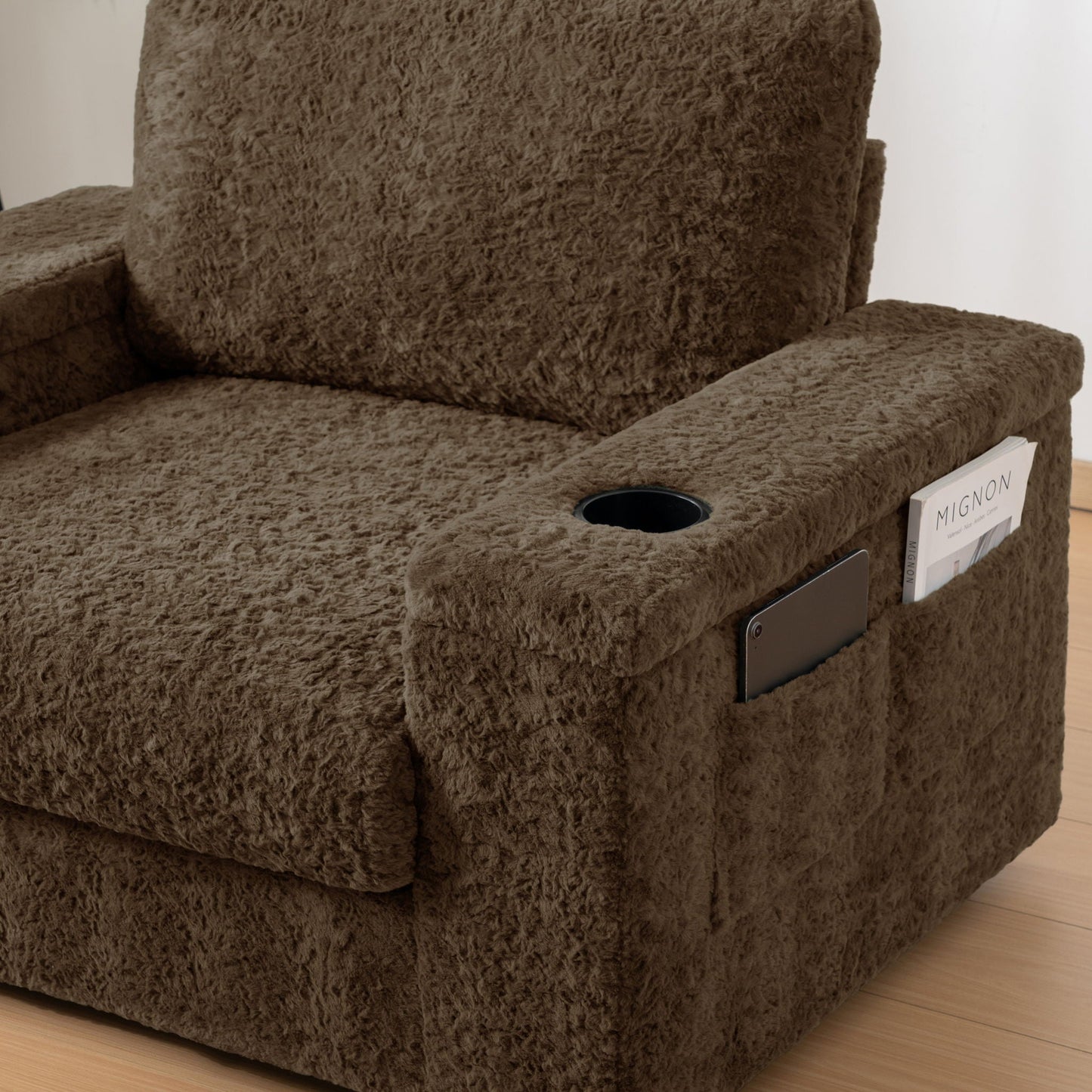 Oversized Chaise Lounge Indoor Rabbit Fur Sofa Bed With Storage Ottoman And Armrests Cup Holders With Deep Seat