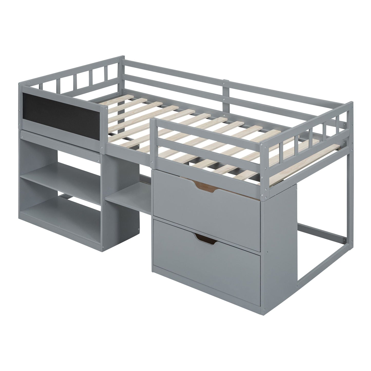 Low Loft Bed With Rolling Desk, Shelf And Drawers