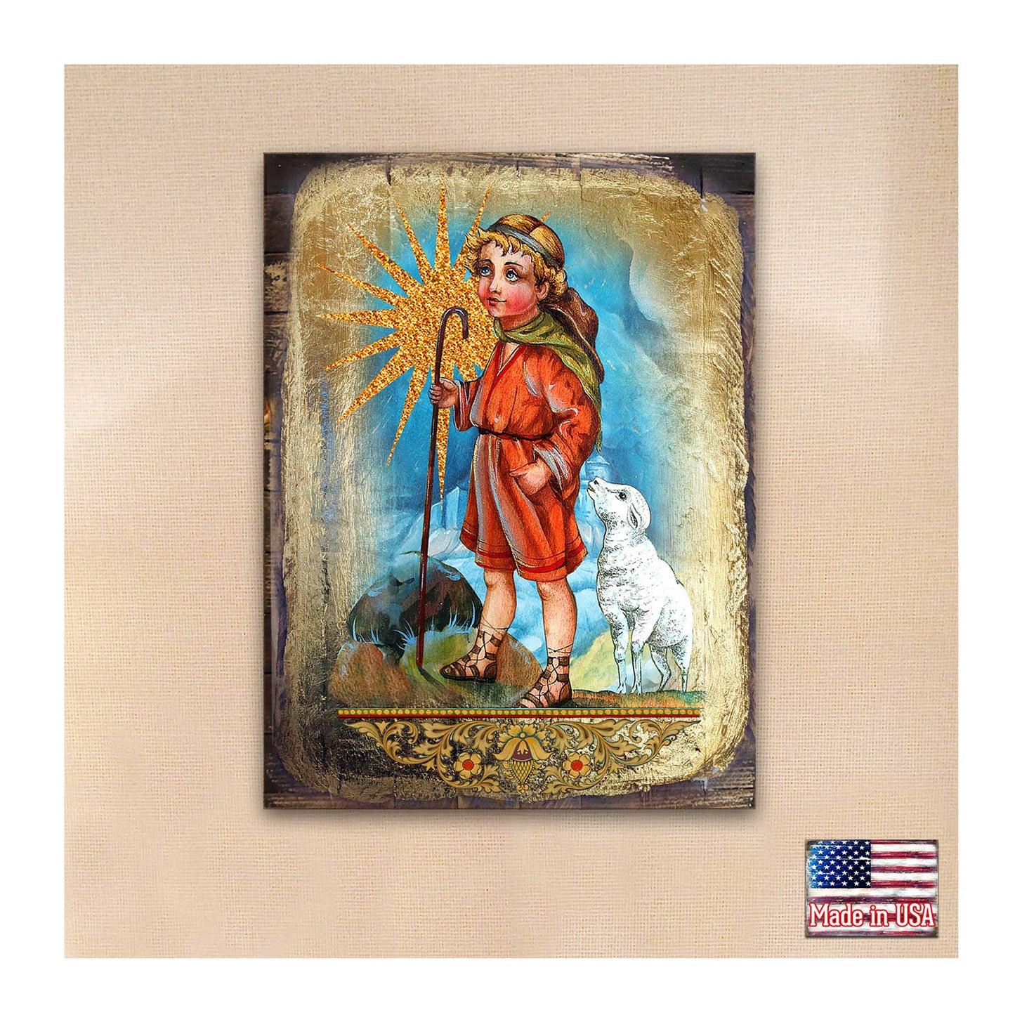 Shepherd Wooden Gold Plated Religious Christian Sacred Icon - Inspirational Icon Decor - 85045