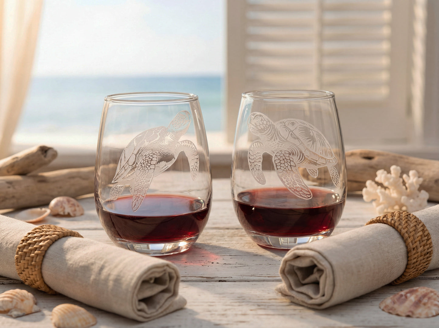 Sea Turtle Stemless Wine  Sand Carved Wine Glasses Set of 2
