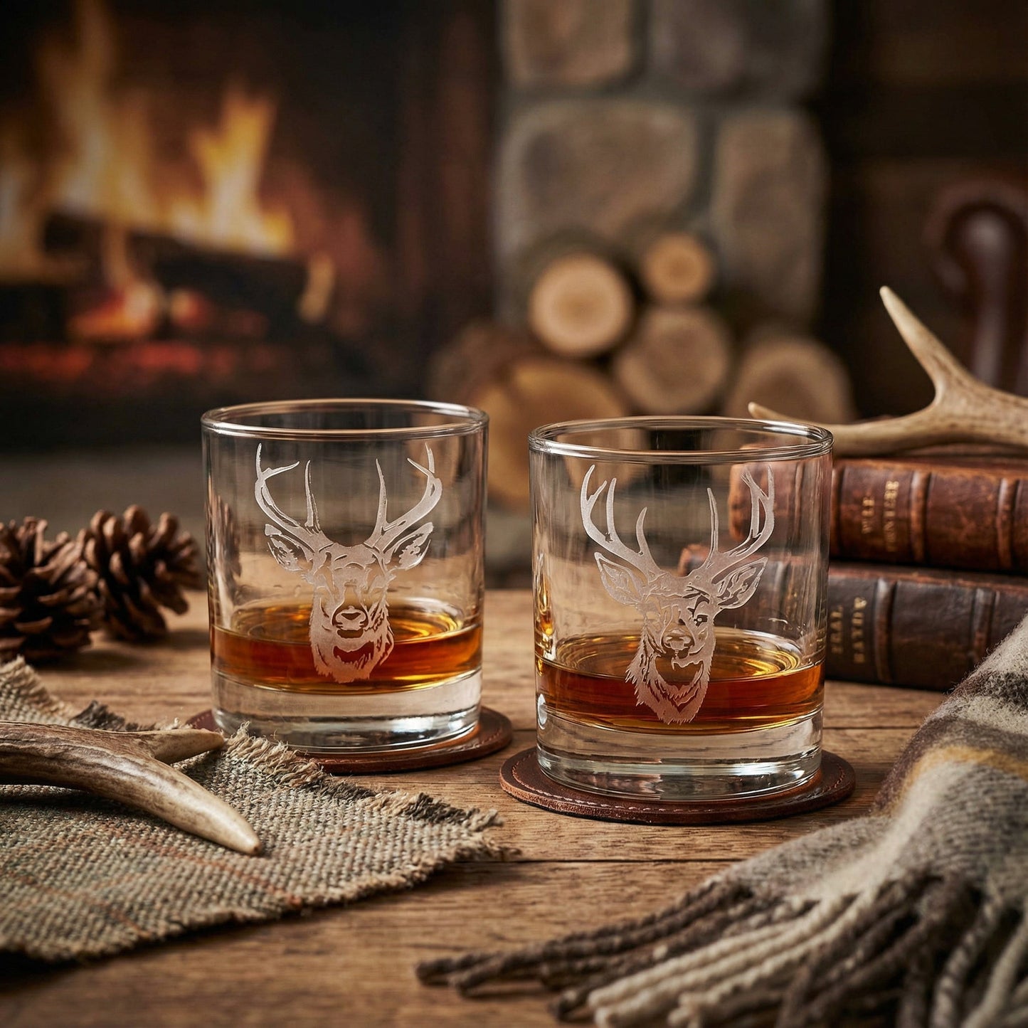 Stag Sand Carved Whiskey Glass Set of 2
