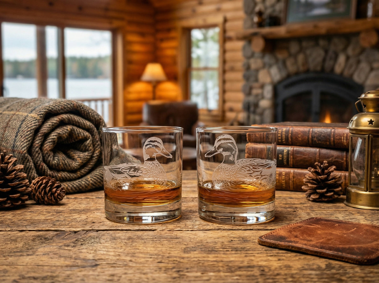 Ducks Inspired Sand Carved Old Fashion Glasses Set of 2
