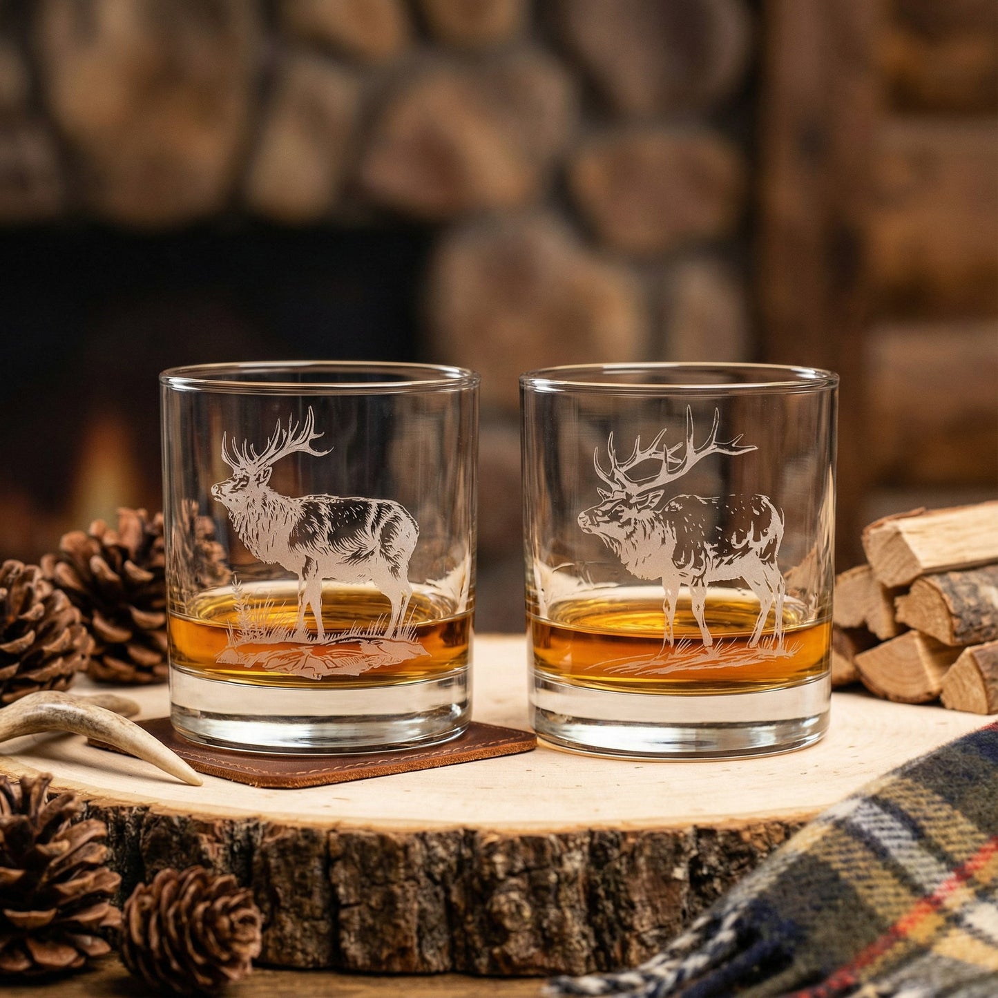 Elk Sand Carved Old Fashion  Glasses Set of 2