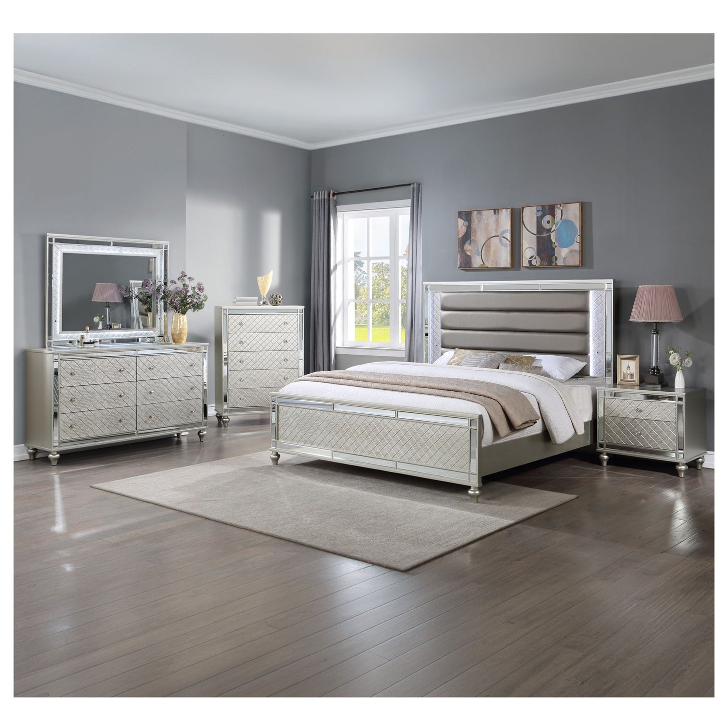 5 Drawer Bedroom Chest With Diamond Patterned Fronts - Silver