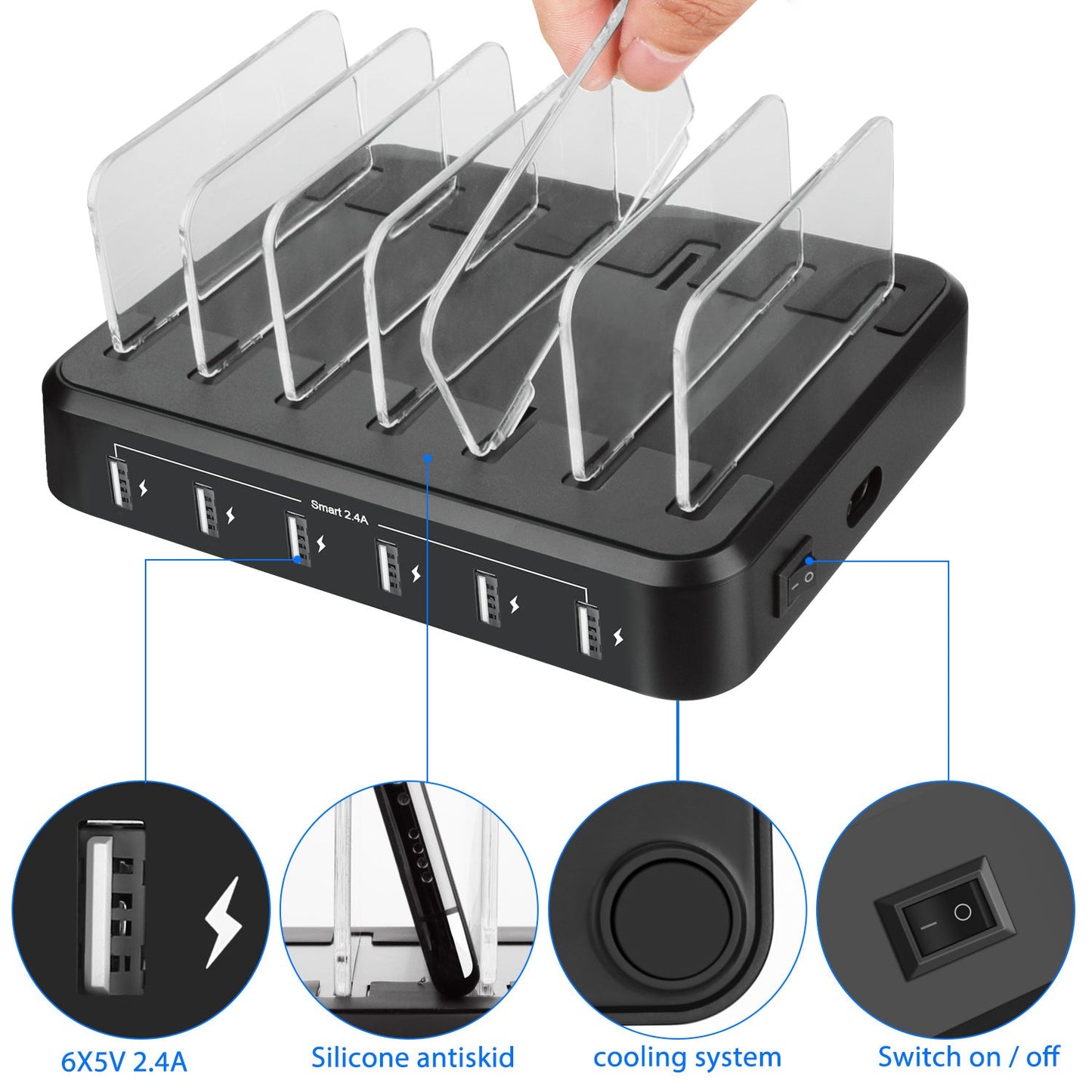 6-port 60W Charger USB Multi-port Charging Station