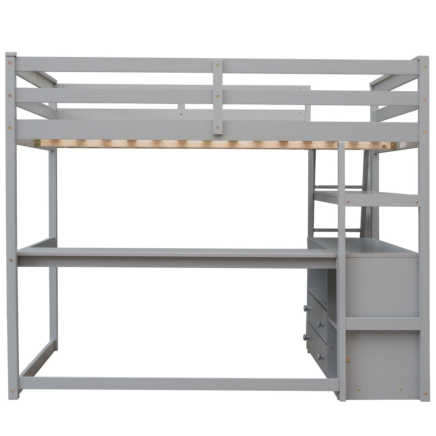 Modern Loft Bed With Built In Desk, Shelves, And 2 Drawers