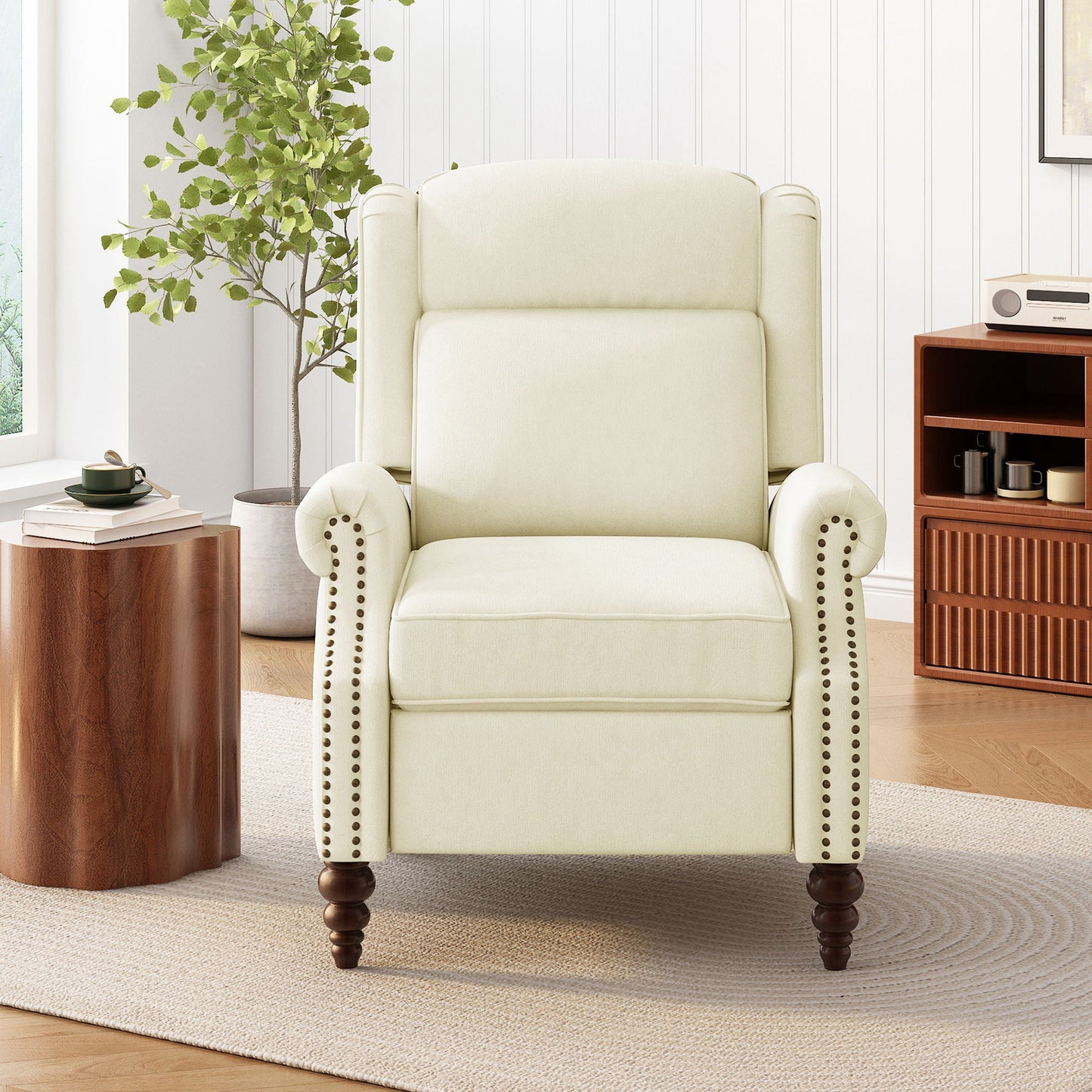 Push Back Recliner Chair Upholstered With Classic Wing Back And Solid Gourd-Shaped Legs