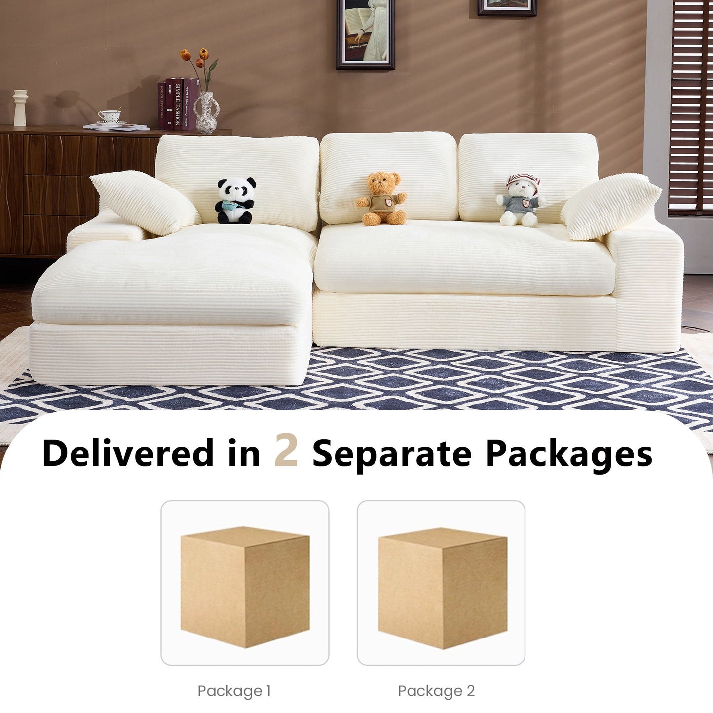 Compressed Sofa With 3 Back Cushions, 2 Throw Pillows