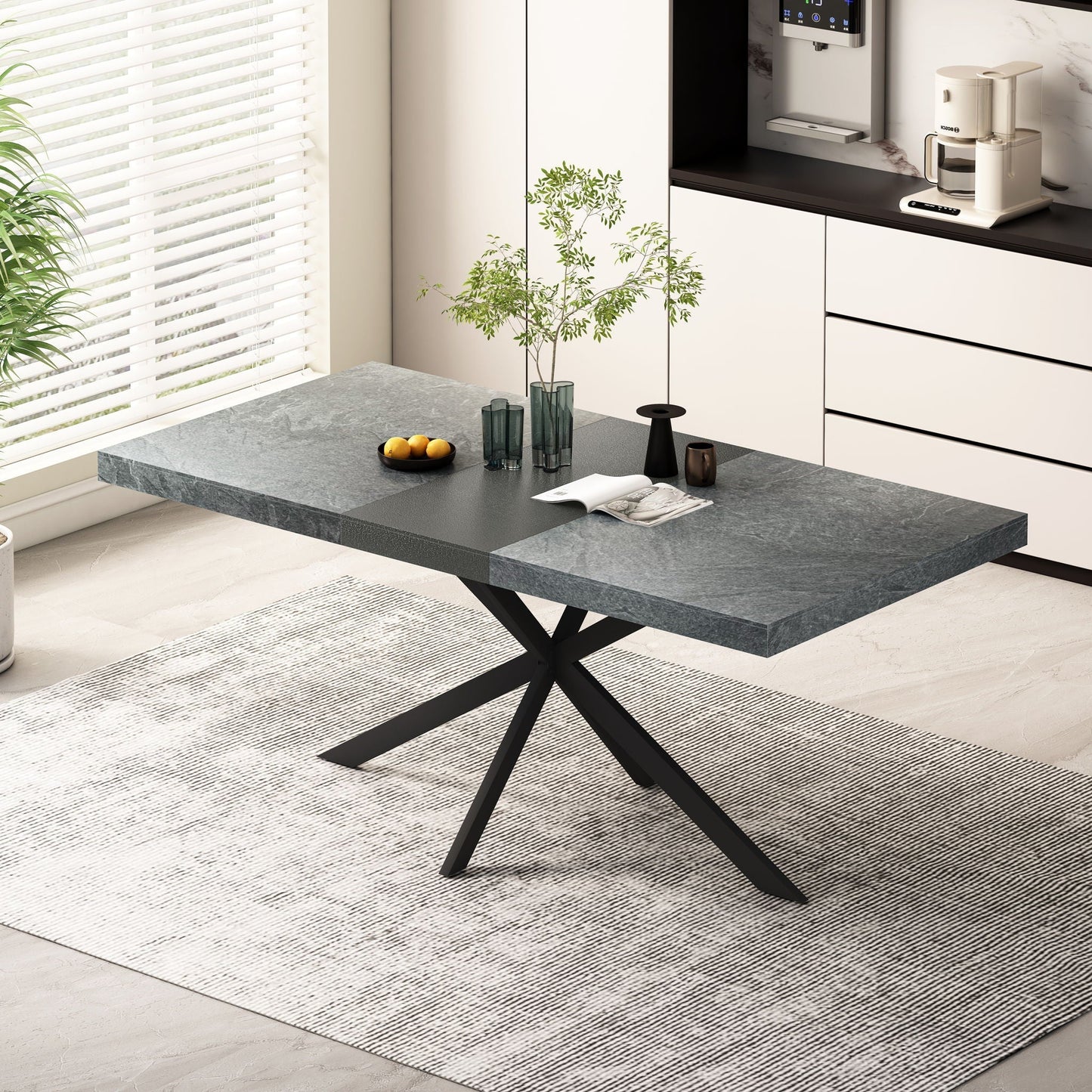Rectangular Stretch Dining Table With 4 Chairs - Black / Gray