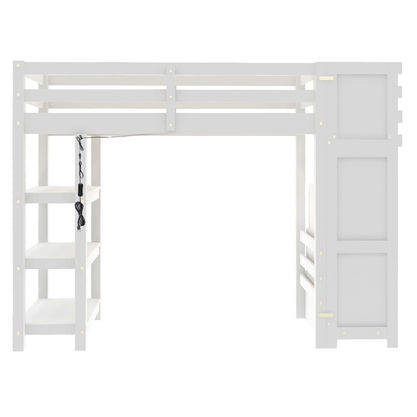 Loft Bed With 4 Layer Shelves, Storage Staircase, Small Wardrobe And LED Light