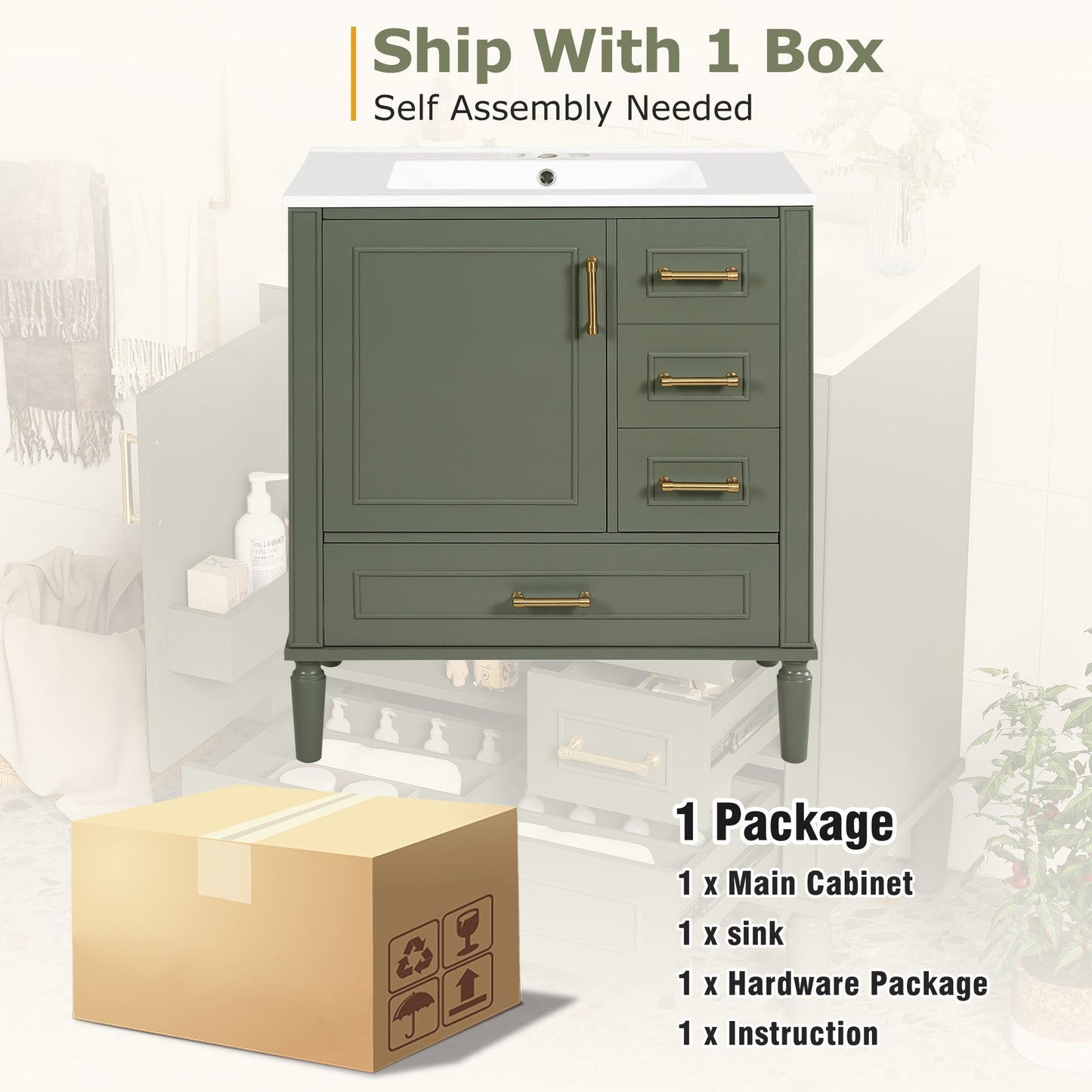 Elegant Olive Green 30' Bathroom Vanity with Ceramic Sink and Ample Storage, Solid Wood and MDF Construction