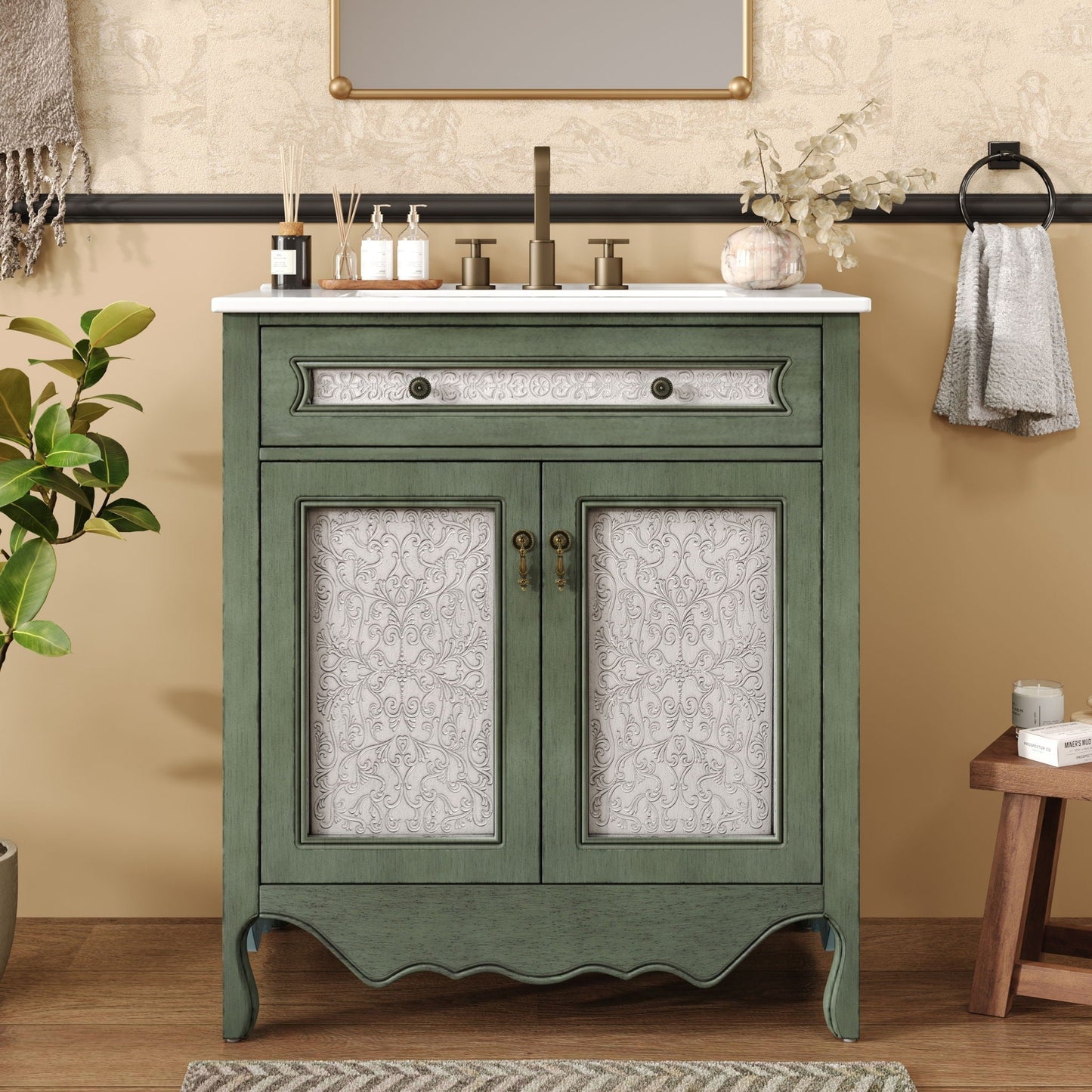 Bathroom Vanity With Rectangle Sink And Tip Out Tray - Antique Blue Green
