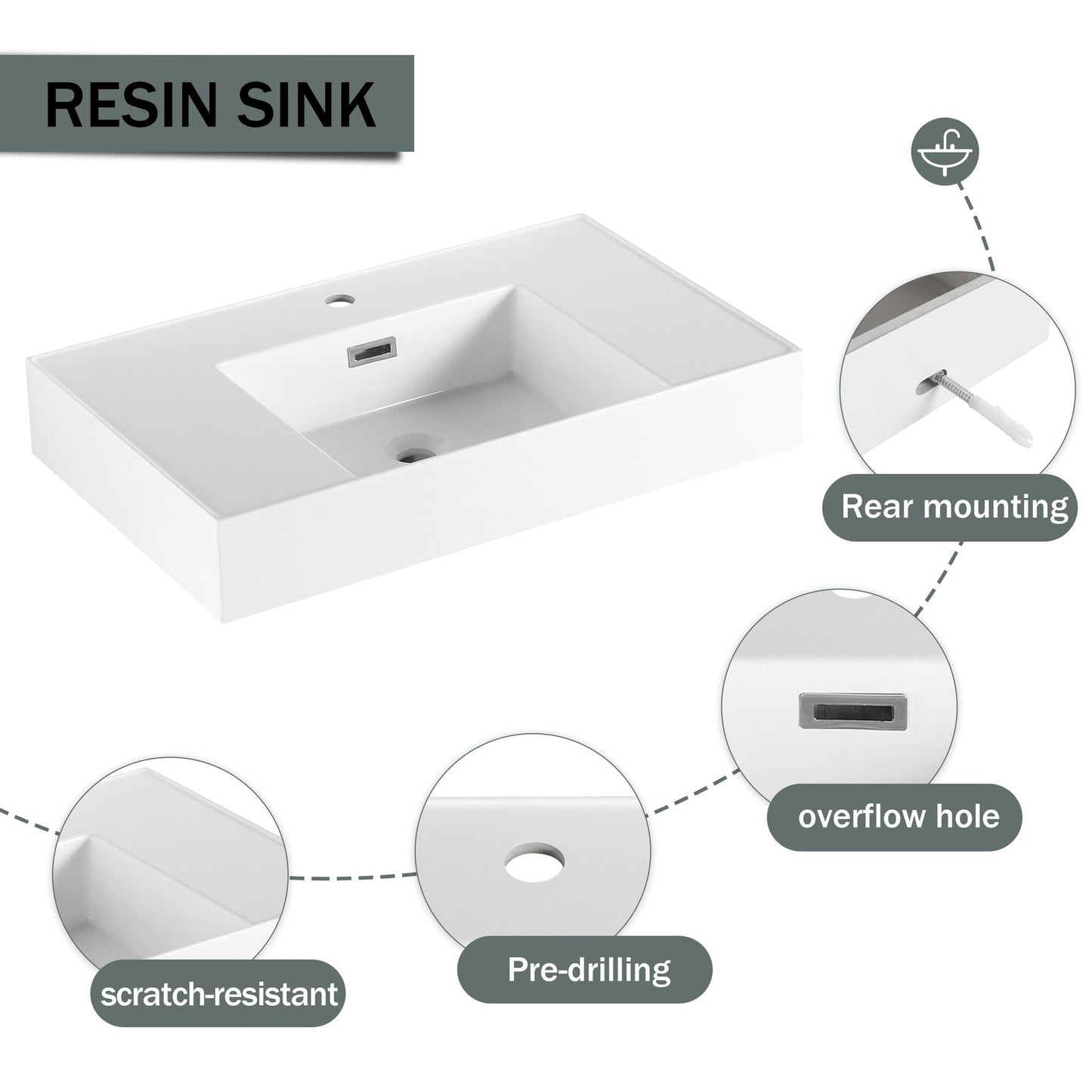 Contemporary Wall Mounted Bathroom Vanity With Resin Sink And 2 Side Cabinet - Imitative Oak