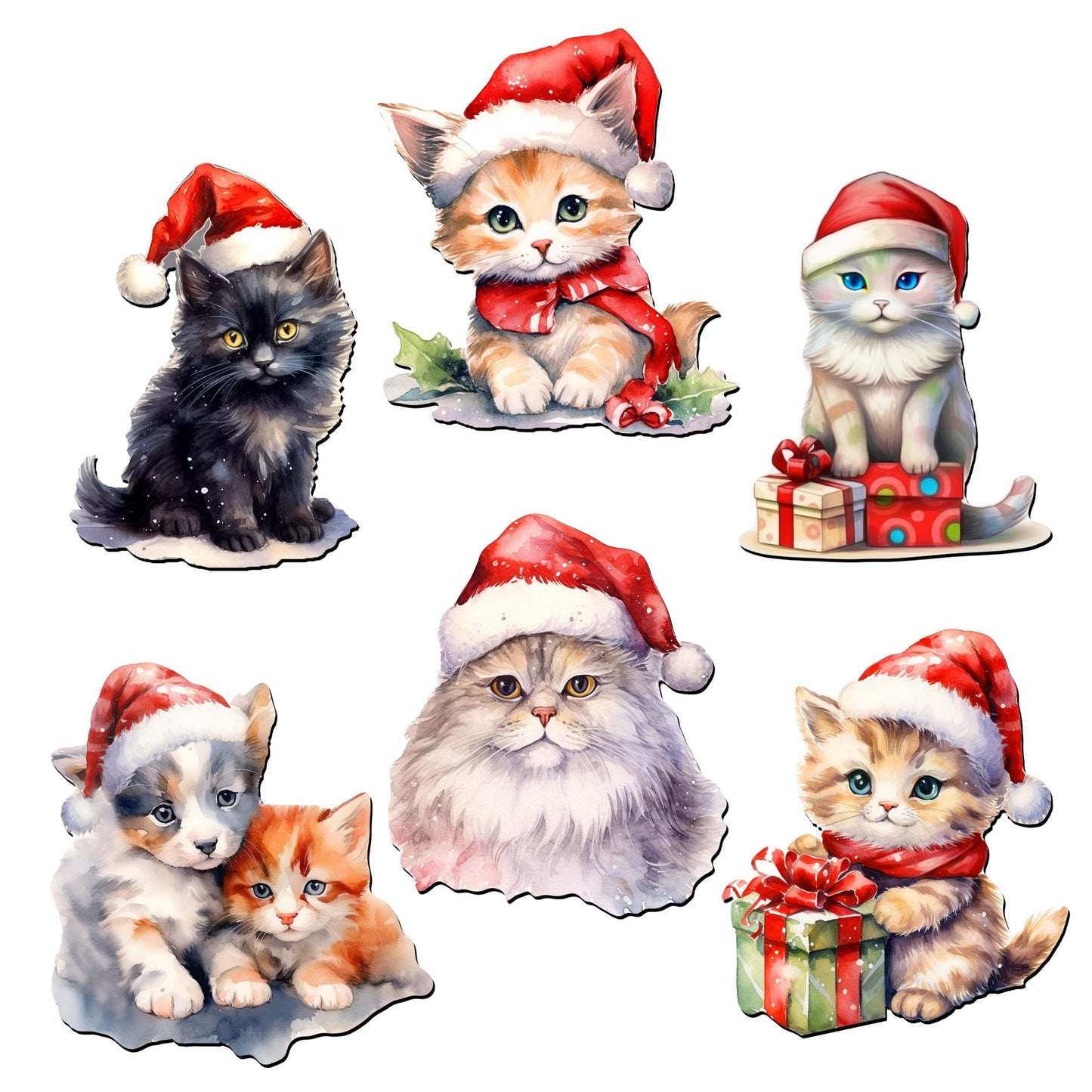 Christmas Cats Decorative Eco Wood Magnets Set of 6 by G. Debrekht - Pets Dog and Cat Decor - 8090016G-S6