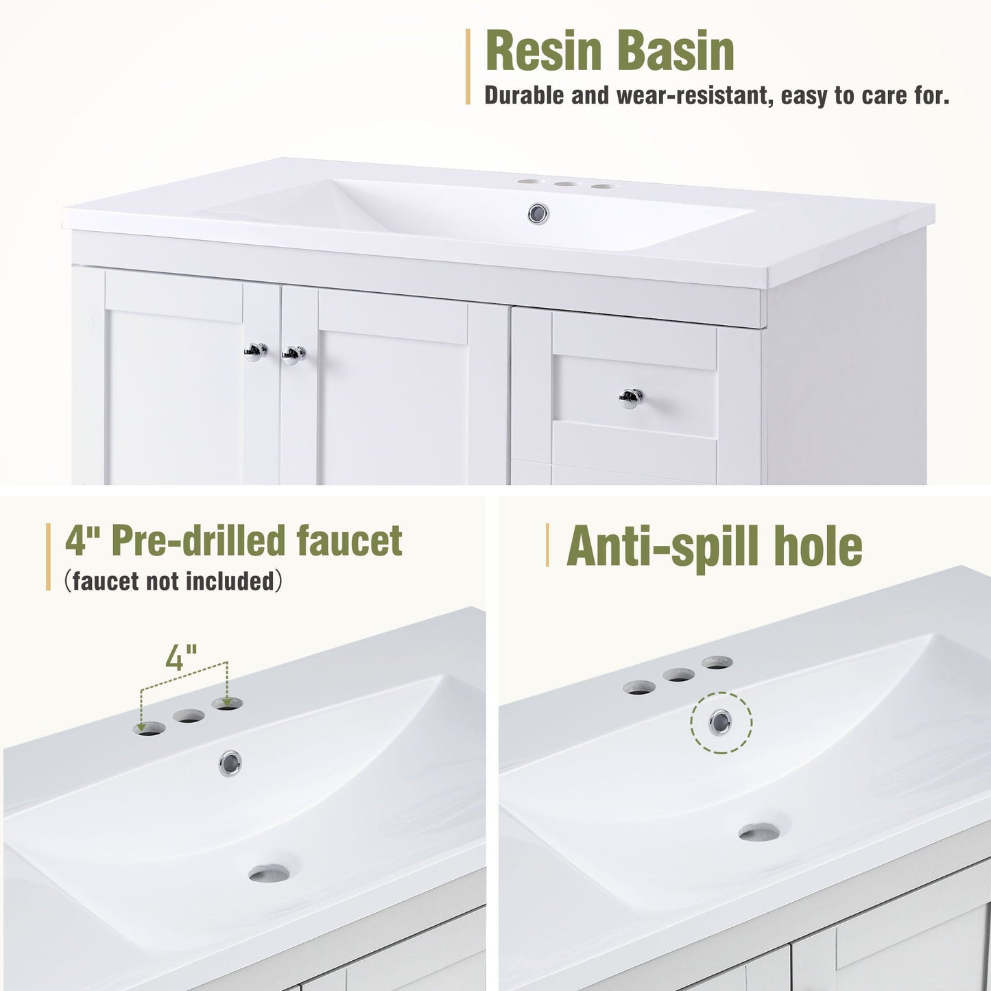 Shaker Free Standing Bathroom Vanity Cabinet & Sink, Soft Close Drawers, Soft Close Doors