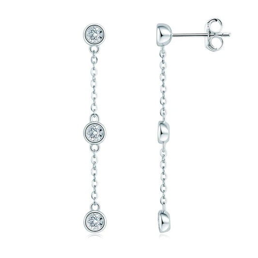 3mm VVS1 Moissanite Long Drop Tassel Earrings 925 Silver Bezel Set Dangle