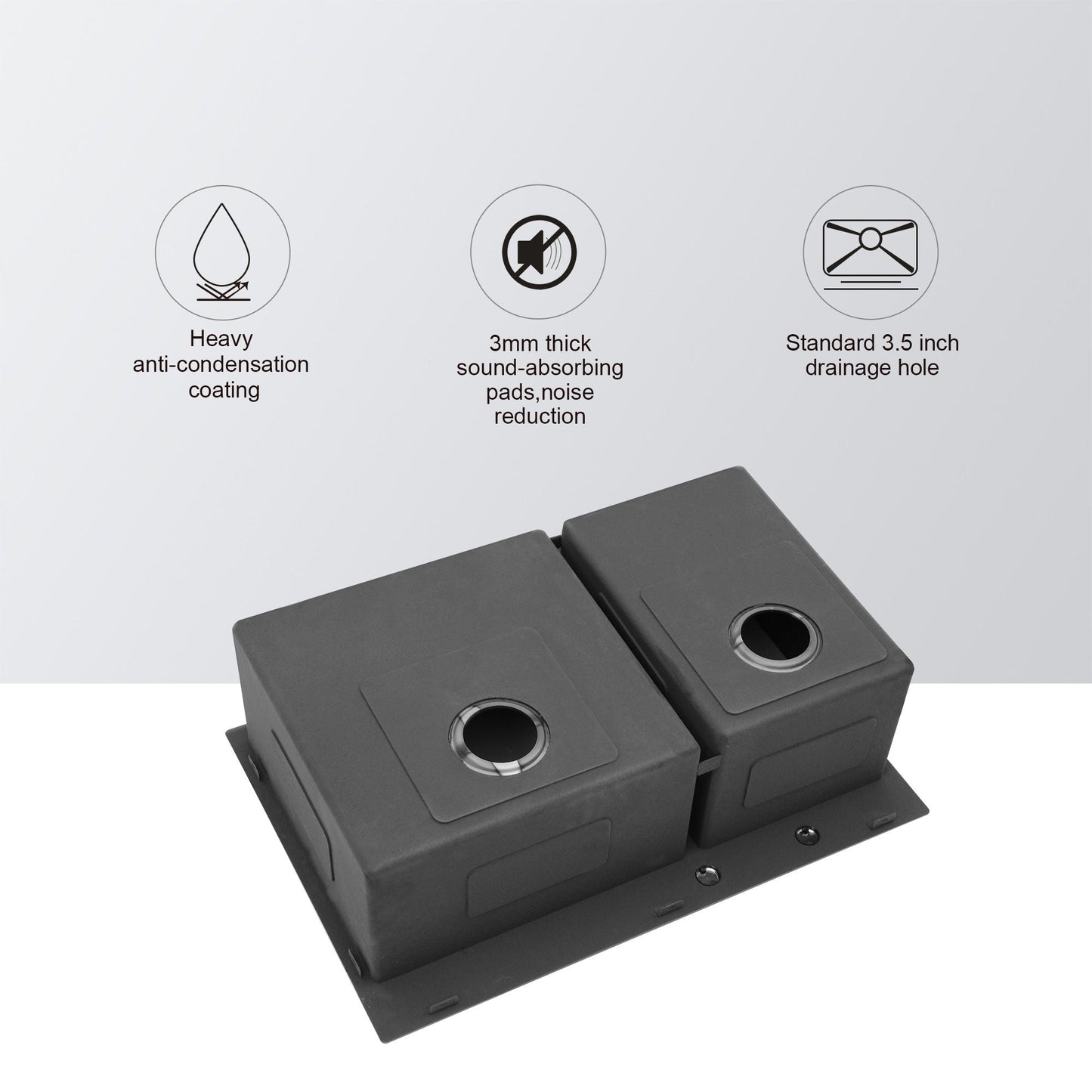 Double Bowl Kitchen Sink 16 Gauge 33" X 22" With 2 10" Deep Basins - Gunmetal Black
